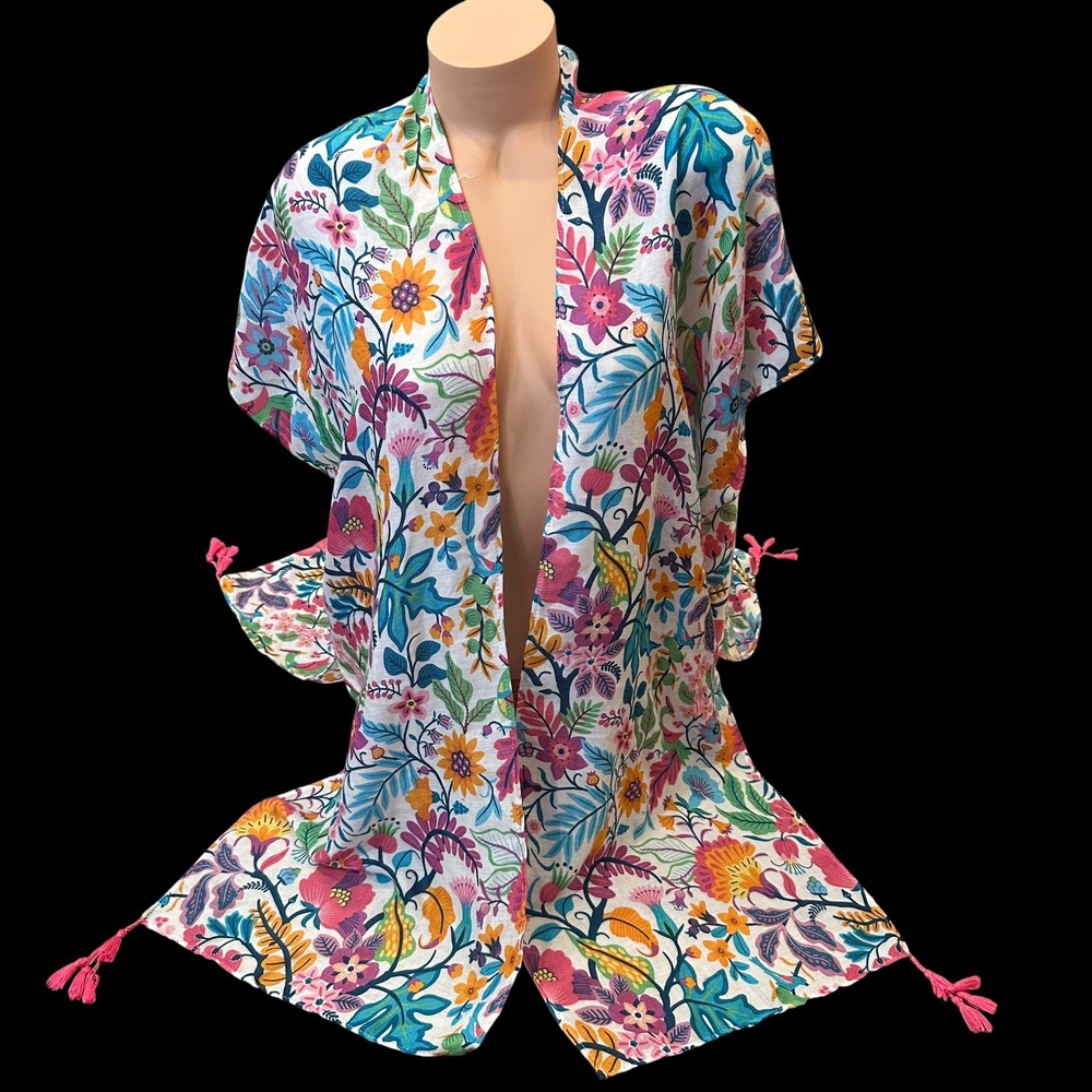 North Boheme Floral Kimono Wrap Botanical Tassel Cover Up OS Colorful Hippie
